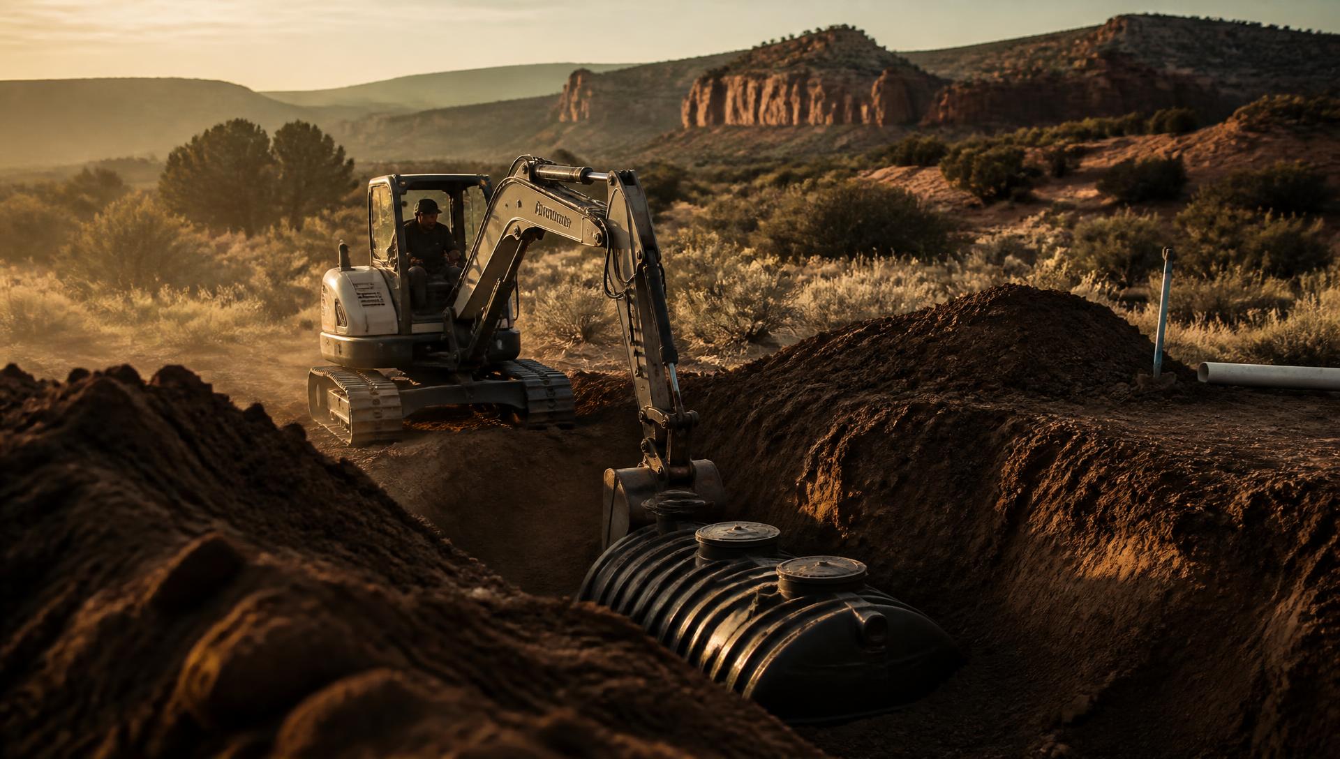 Mini excavator digging a septic trench at golden hour below red rock mesas near Fruita, Colorado